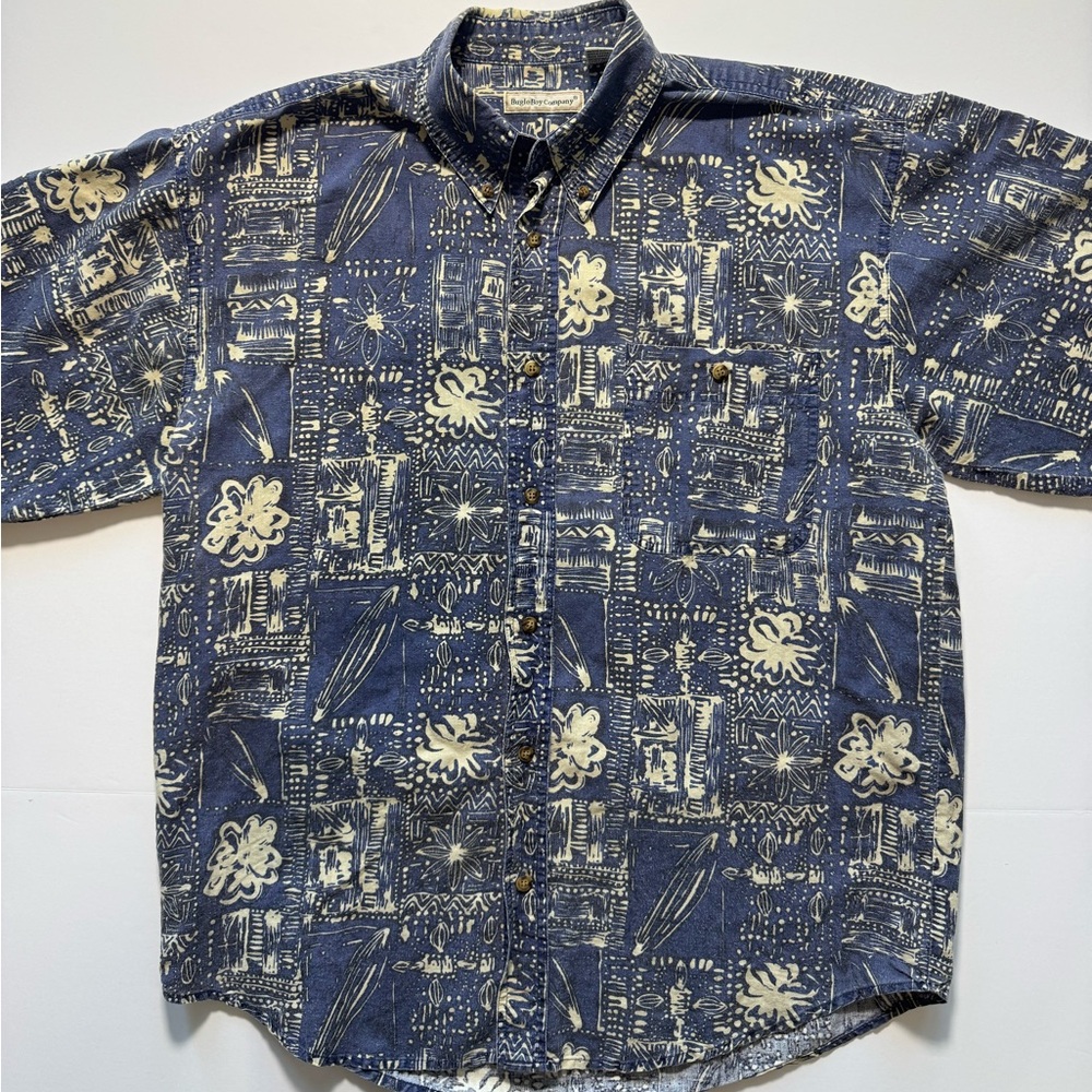 Vintage 90’s Bugle Boy Hawaiian Aztec Pattern Button Down Collar Large Shirt